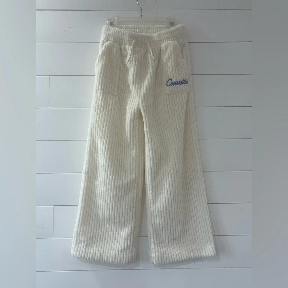 Converse Kids Sherpa Fleece Corduroy Wide Leg Jogger Pants Cream Girls Small